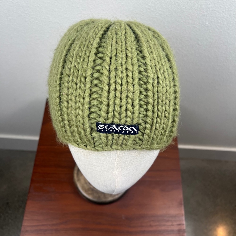 Burton Snowboards Beanie Olive Green 100% Wool Chunky Rib Knit Made in Canada